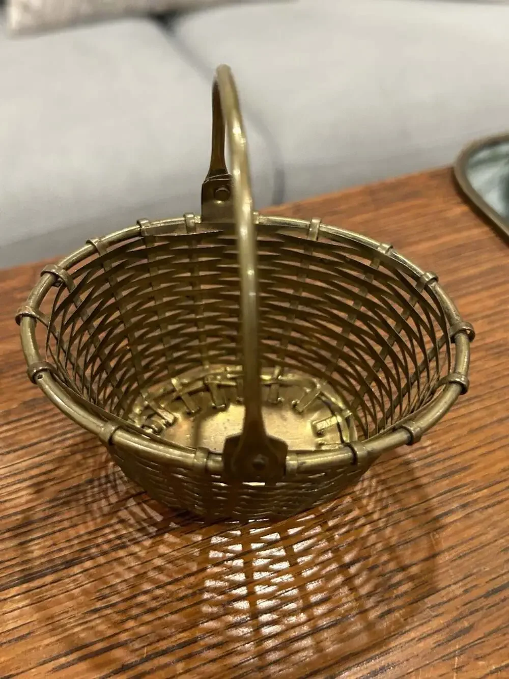 Vintage Small Woven Brass Basket with Movable Swivel Handle